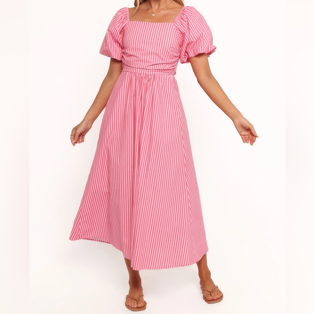 Petal & Pup Clo Puff Sleeve Midi Dress Pink Striped - Picture 7 of 8